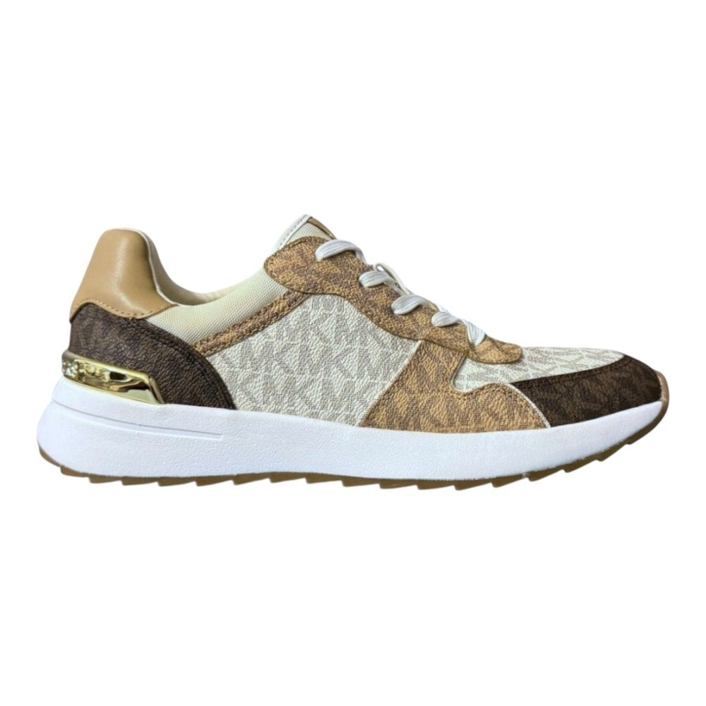 Michael Kors Beige Brown White Logo-Print Lace-Up Sneakers